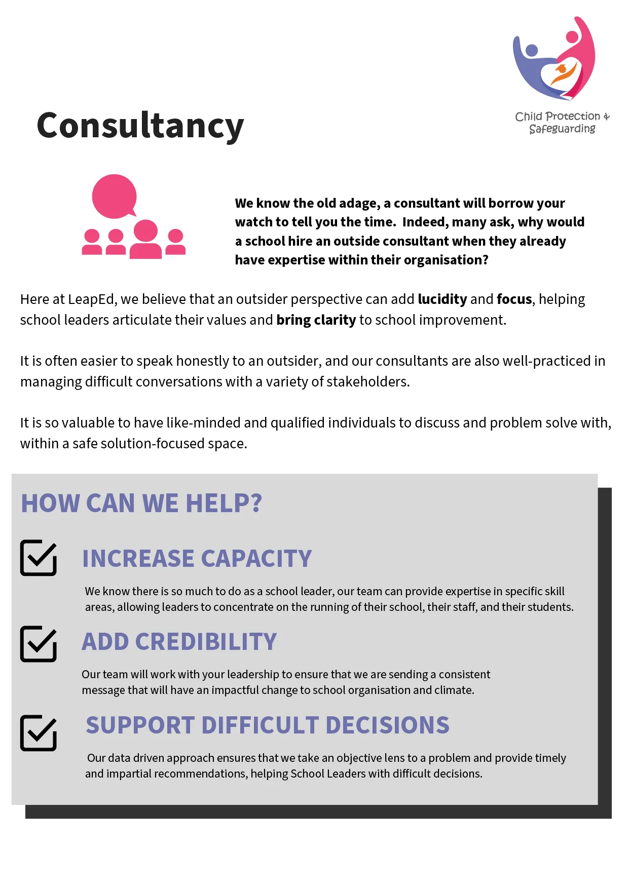Consultancy service sheet for child protection and safeguarding