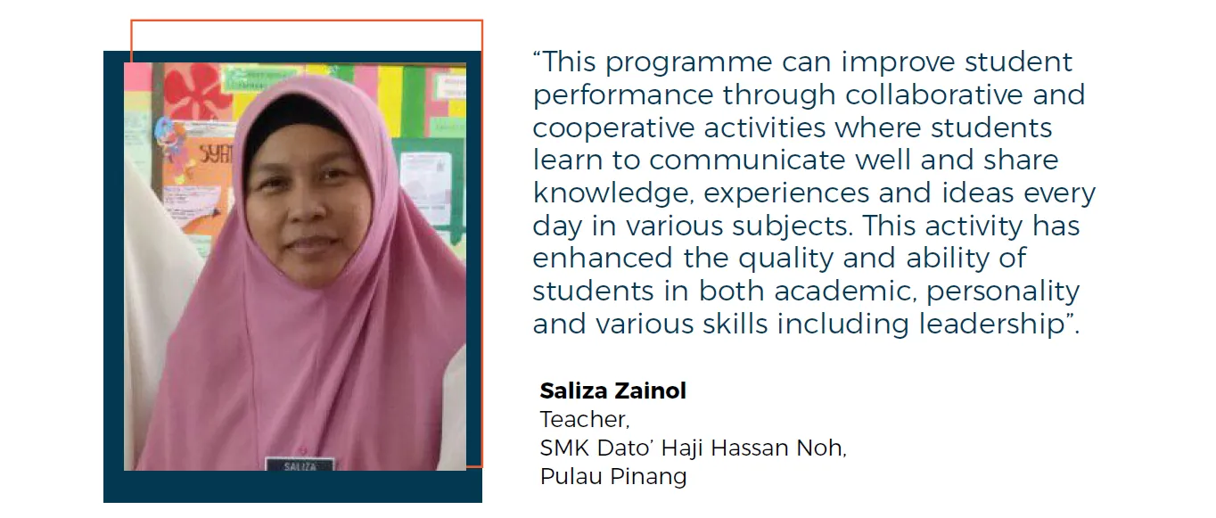 “This programme can improve student performance through collaborative and cooperative activities where students learn to communicate well and share knowledge, experiences and ideas every day in various subjects. This activity has enhanced the quality and ability of students in both academic, personality and various skills including leadership”. Saliza Zainol, Teacher, SMK Dato’ Haji Hassan Noh, Pulau Pinang